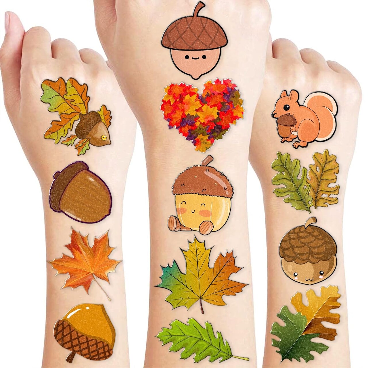 Cute Fall Leaves Temporary Tattoos – 10 Sheets, 100 PCS Oak & Pinecone Autumn Stickers, Birthday Party Favors, Baby/Kids/Girls/Boys Classroom, Carnival, Halloween, Christmas Decor (Multicolor)